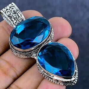 Sterling Silver Blue Topaz Pendant Gemstone Charm Necklace, Handmade